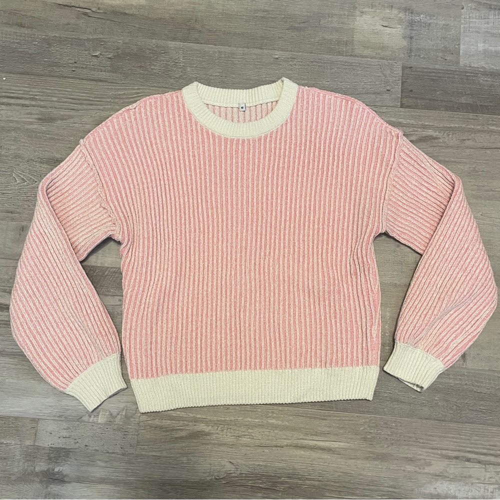 Pink and White Chenille Striped Sweater